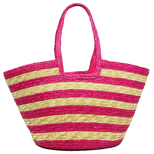 Straw Tote: Striped Woven Wheat Straw Tote - Fuchsiam - BG-B11047FU